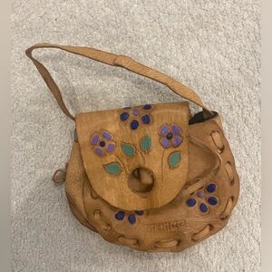 Handcrafted Tan Leather Coin Purse Bag with Floral Mexico Design- 1980’s vintage